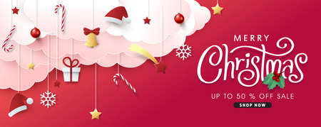 Christmas composition in paper cut style sale banner background.Merry Christmas text Calligraphic Lettering Vector illustration. のイラスト素材