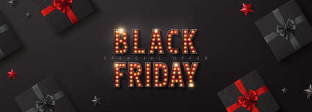 Retro light bulbs sign Black friday sale banner layout design template. Advertising Poster design.Vector illustration.Realistic gift boxs and stars.Vector illustrationのイラスト素材