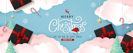 Christmas composition in paper cut style sale banner background.Merry Christmas text Calligraphic Lettering Vector illustration. のイラスト素材