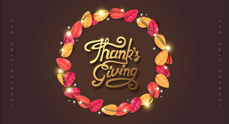 Thanksgiving day banner background with sparkling lights garland and autumn fall,candle. Celebration quotation for card.vector illustration.Autumn season Calligraphy of "Thanksgiving".のイラスト素材