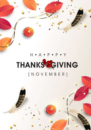 Thanksgiving day banner background with sparkling lights garland and autumn fall,candle. Celebration quotation for card.vector illustration.のイラスト素材