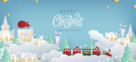 Merry christmas composition in paper cut style.Santa Claus with a huge bag on the run to delivery christmas gifts. Vector illustration.のイラスト素材
