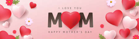 Mothers day banner background layout with Heart Shaped Balloons and flower.Greetings and presents for Mothers day in flat lay styling.Vector illustration template.のイラスト素材