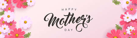 Mothers day banner background layout with flower.Greetings and presents for Mothers day in flat lay styling.Vector illustration template.のイラスト素材