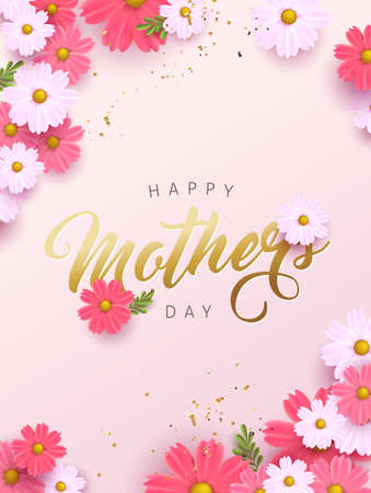Mothers day banner background layout with flower.Greetings and presents for Mothers day in flat lay styling.Vector illustration template.のイラスト素材