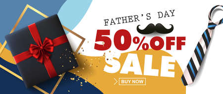 Happy Fathers Day Sale 50% off banner with gift for dad on white background.Promotion and shopping template for Father's Day.Vector illustration.のイラスト素材