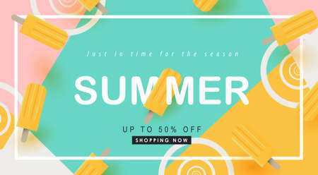 Summer sale design with pretty yellow ice cream Color background layout banner .Vector illustration template.のイラスト素材