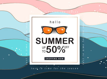 Summer sale design with paper cut abstract wave background layout banners .Vector illustration template.のイラスト素材
