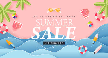 Summer sale design with paper cut tropical beach bright Color background layout banners .Orange sunglasses concept.voucher discount.Vector illustration template.のイラスト素材