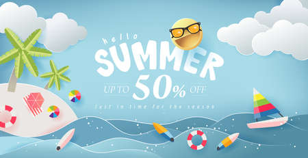 Summer sale design with paper cut beach island with summer elements  in blue sky background.Vector illustration template.のイラスト素材