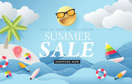 Summer sale design with paper cut beach island with summer elements  in blue sky background.Vector illustration template.のイラスト素材