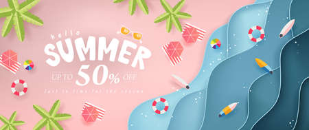 Summer sale design with paper cut tropical beach bright Color background layout banners .Paper art concept.voucher discount.Vector illustration template.のイラスト素材