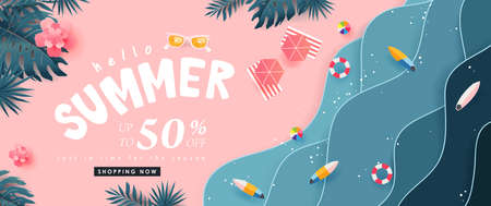 Summer sale design with paper cut tropical beach bright Color background layout banners .Paper art concept.voucher discount.Vector illustration template.のイラスト素材