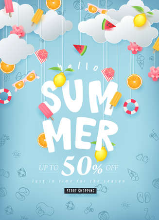 Summer sale design with paper cut summer elements hanging on clouds background.Vector illustration template.のイラスト素材