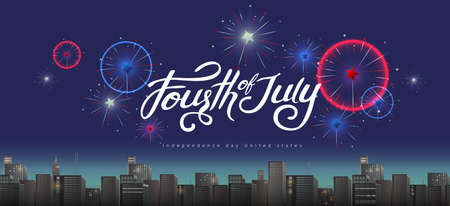 Independence day USA banner template festive fireworks display over the city.4th of July celebration poster template.fourth of july calligraphy vector illustration .のイラスト素材