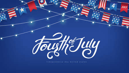 Independence day USA banner template american flags Garlands and Glowing lights decor.4th of July celebration poster template.fourth of july vector illustration .のイラスト素材
