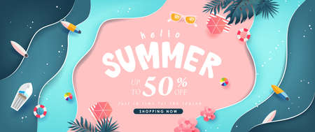 Summer sale design with paper cut tropical beach bright Color background layout banners template.Paper art concept.のイラスト素材