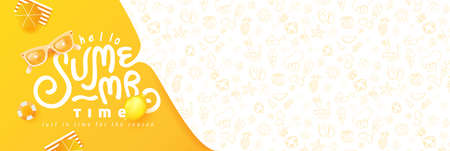 Summer banner design with beach accessories on the yellow background and free space for text.のイラスト素材