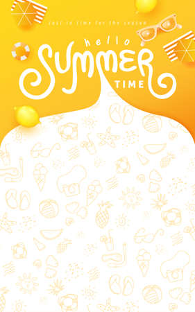 Summer banner design with beach accessories on the yellow background and copy space.のイラスト素材