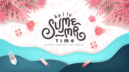 Summer banner design with paper cut tropical beach bright Color background.Paper art concept.のイラスト素材