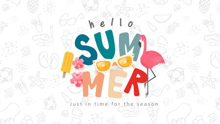 Summer colorful text banner design with beach accessories on white background.Hand drawn elements...