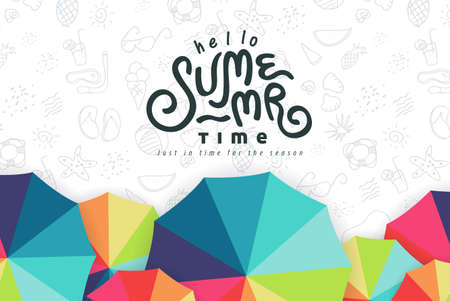 Summer text banner design with beach umbrella colorful on white background.Hand drawn elements for...