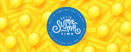 Summer banner design with Pattern lemons decorating retro style on yellow background.Calligraphy summer holiday.のイラスト素材