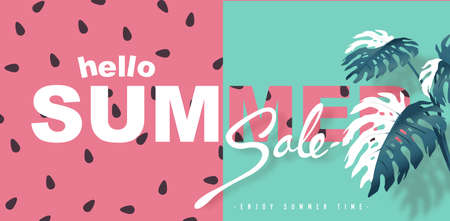 Summer sale background layout banners decorate with tropical leaf and watermelon texture.のイラスト素材