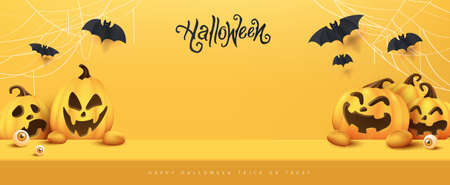 Happy Halloween banner Studio table room product display with copy spaceのイラスト素材