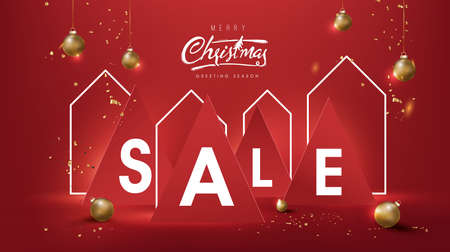 Christmas sale banner background composition in paper cut style and house neon sign