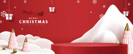 Merry Christmas banner with product display cylindrical shape and festive decoration for christmasのイラスト素材