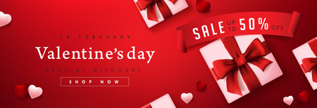 Valentine's day sale poster or banner red backgroud with gift box and heart.のイラスト素材