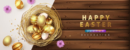 Easter banner background template with luxury premiume golden eggs.のイラスト素材