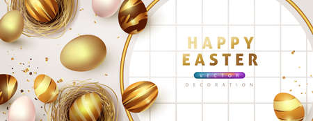 Easter banner background template with luxury premiume golden eggs.のイラスト素材