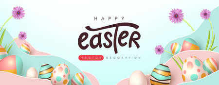Easter banner background template with colorful eggs. Traditional colored easter eggs with different ornaments.のイラスト素材