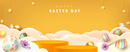 Happy easter banner with product display cylindrical shape and festive decoration for easter day.のイラスト素材