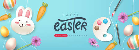 Easter greeting card background with cute rabbit and colored easter eggs.のイラスト素材
