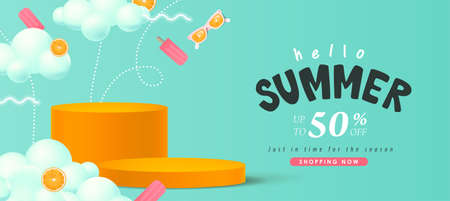 Colorful Summer sale banner with product display cylindrical shape