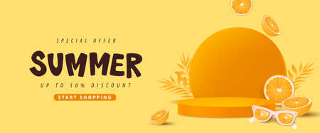 Colorful Summer sale banner with orange concept product display cylindrical shapeのイラスト素材