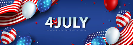 Independence day USA celebration banner with american balloons and Flag of the United States. 4th of July poster template.のイラスト素材