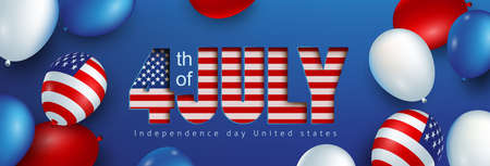 Independence day USA celebration banner with american balloons flag and text paper cut style. 4th of...