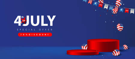 Independence day USA sale poster banner with product display cylindrical shape and american balloonsのイラスト素材