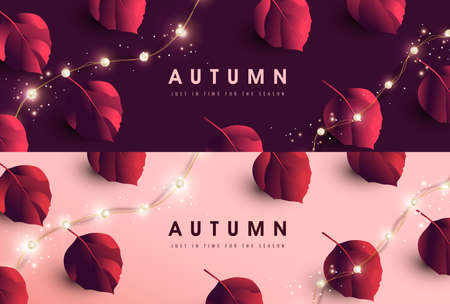 Autumn banner background with Variety of autumn leaves falling and led string lightsのイラスト素材