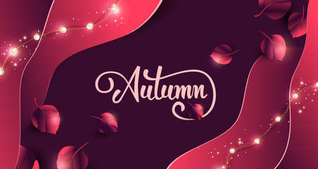 Autumn banner background with Variety of autumn leaves falling and led string lightsのイラスト素材