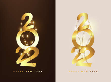 Happy New Year 2022 Number golden Text Design  and led string lights