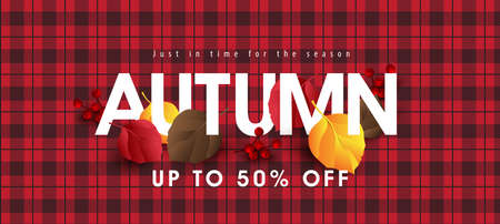 Autumn sale banner background layout decorate with autumn leaves on red plaid fabric patternのイラスト素材