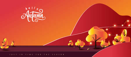 Autumn banner background with studio table room product display decorate autumn trees landscapeのイラスト素材