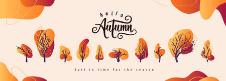 Autumn collection of trees in line art drawing with abstract shapeのイラスト素材