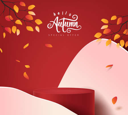 Autumn banner background with  product display cylindrical shape decorate autumn trees landscapeのイラスト素材