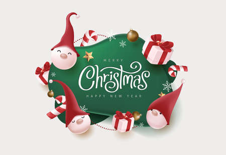 Merry Christmas and happy new year banner with cute gnome and festive decoration for christmasのイラスト素材
